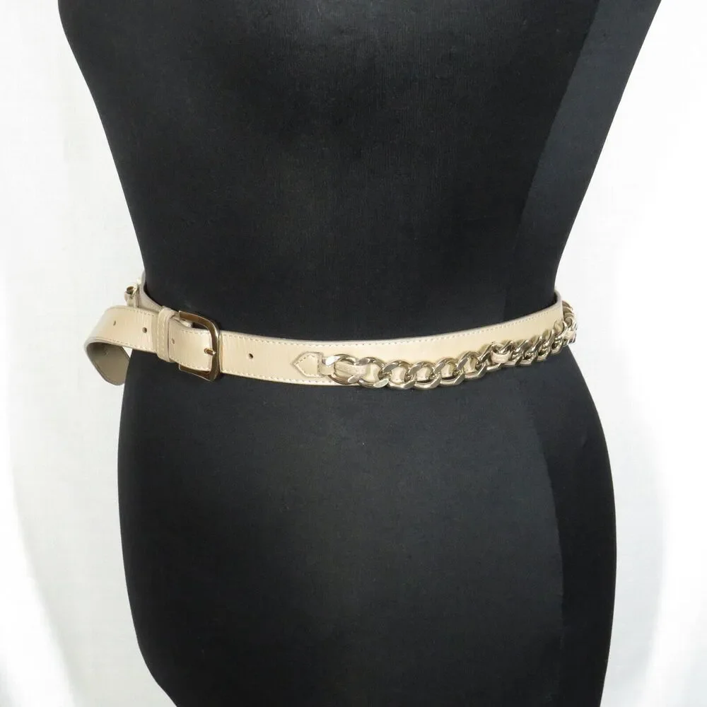 Women's Tan Faux Leather Gold Chain Detail Belt 34-38 Inch Waist Size XL
